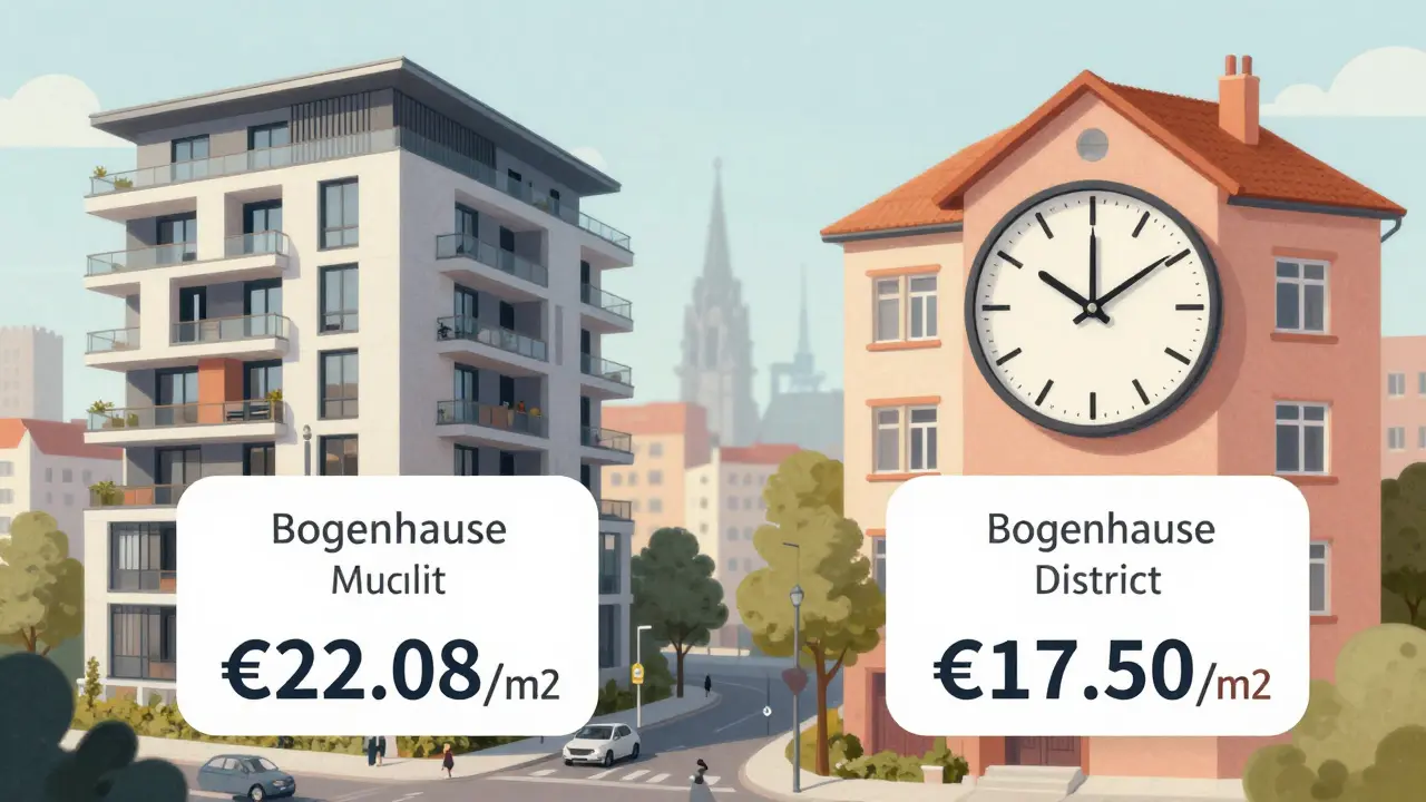 Vergleich zweier Wohnungen: teuer in München mit langer Amortisationszeit, günstiger in Köln mit kürzerer.