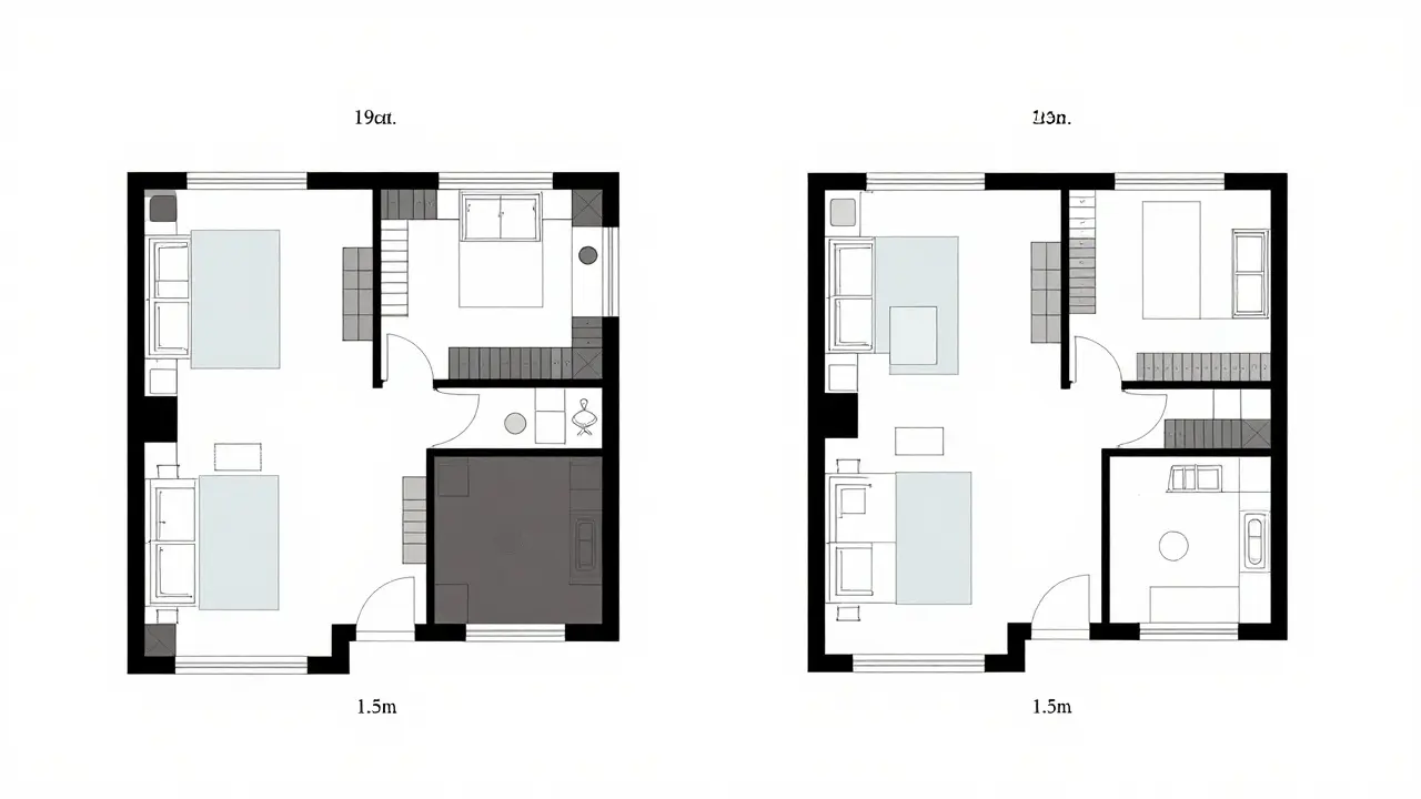 Vergleichszeichnung eines alten und eines optimierten Grundrisses mit reduzierten Fluren und besserer Lichtführung.