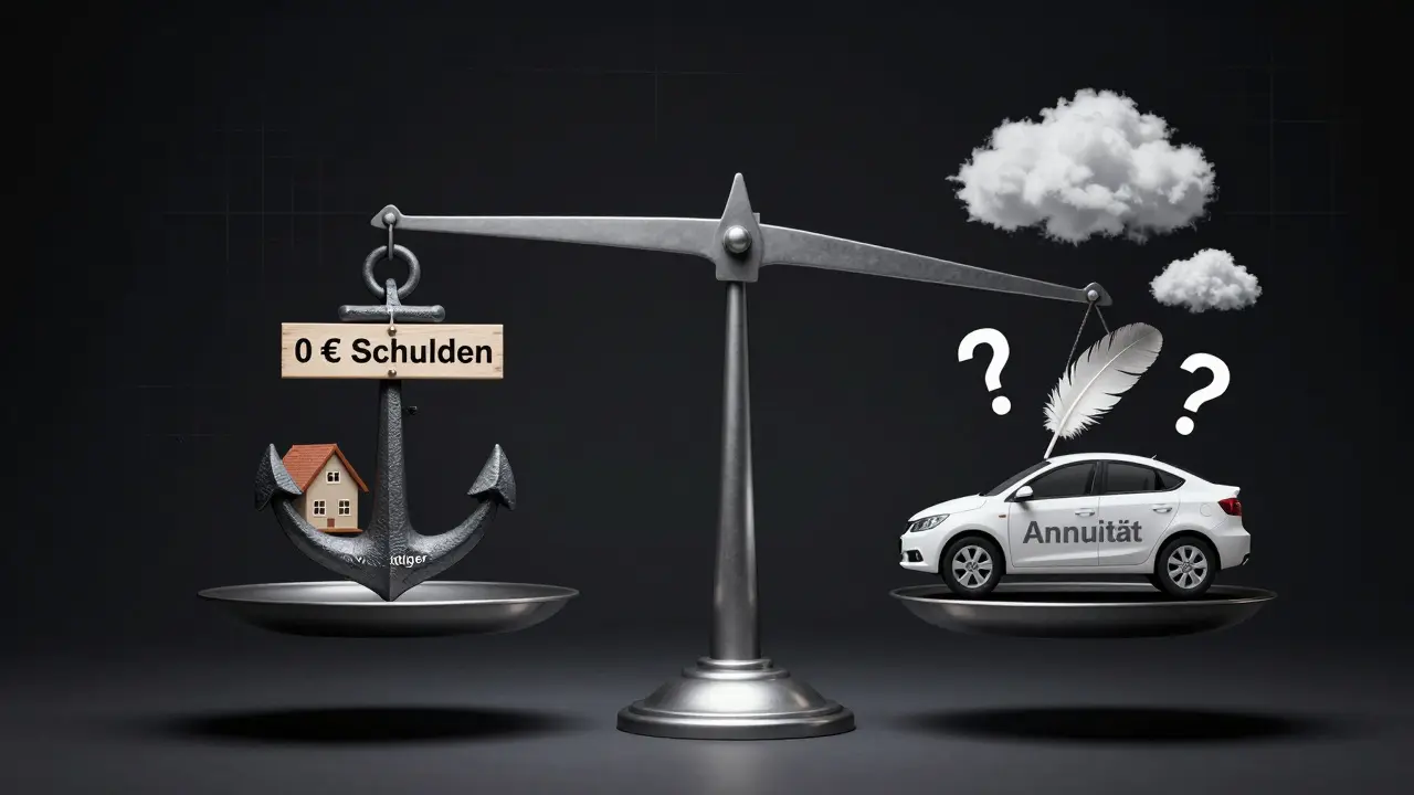 Waage mit Anker und Haus gegen Feder und Fragezeichen – Sicherheit vs. Unsicherheit.