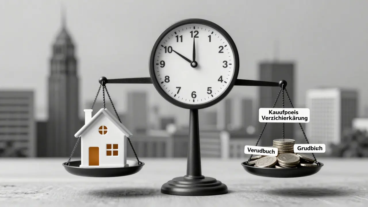 Waage mit Haus und Kostenposten eines Vorkaufsrechts, symbolisiert die finanzielle Abwägung bei der Ausübung.