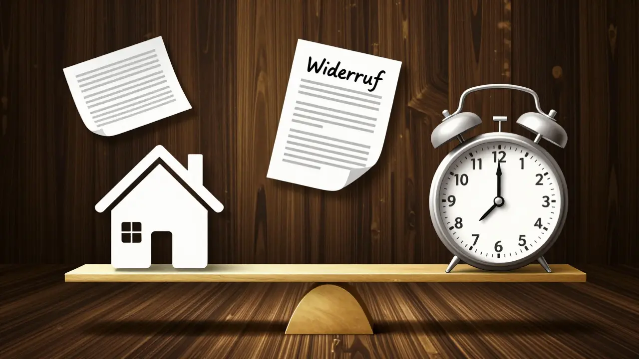 Waage mit Haus und Uhr, symbolisiert das Widerrufsrecht innerhalb von 14 Tagen.