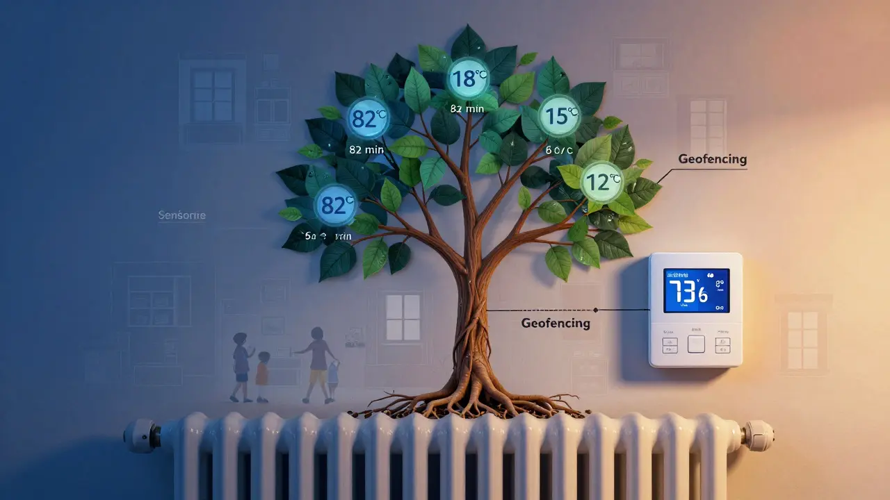 A growing tree inside an old apartment, its roots and branches representing sensor data and adaptive heating schedules over time.