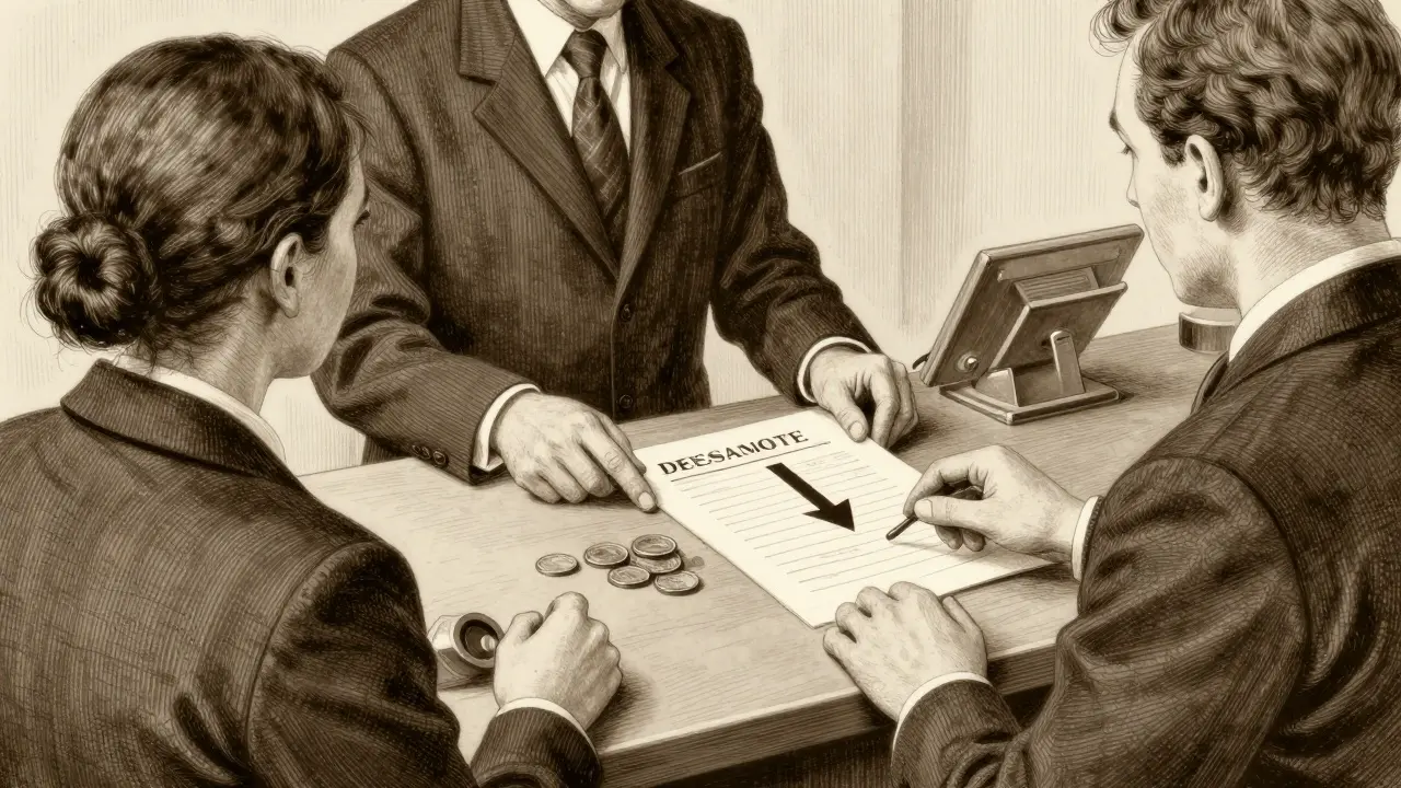 Bankmitarbeiter und Kunde besprechen Kreditzinsen mit Münzen auf Schreibtisch