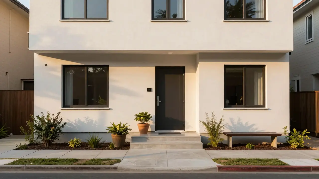 Barrierefreier Eingang eines Einfamilienhauses mit stufenloser Rampe, 150 cm breiter Tür und kontrastreichen Türklinken im Morgenlicht.