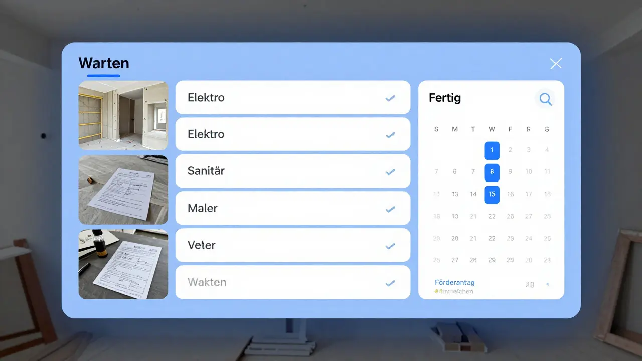 Digitales Dashboard mit Aufgabenkarten für Gewerke und Dokumente zur Förderantrag-Verwaltung.