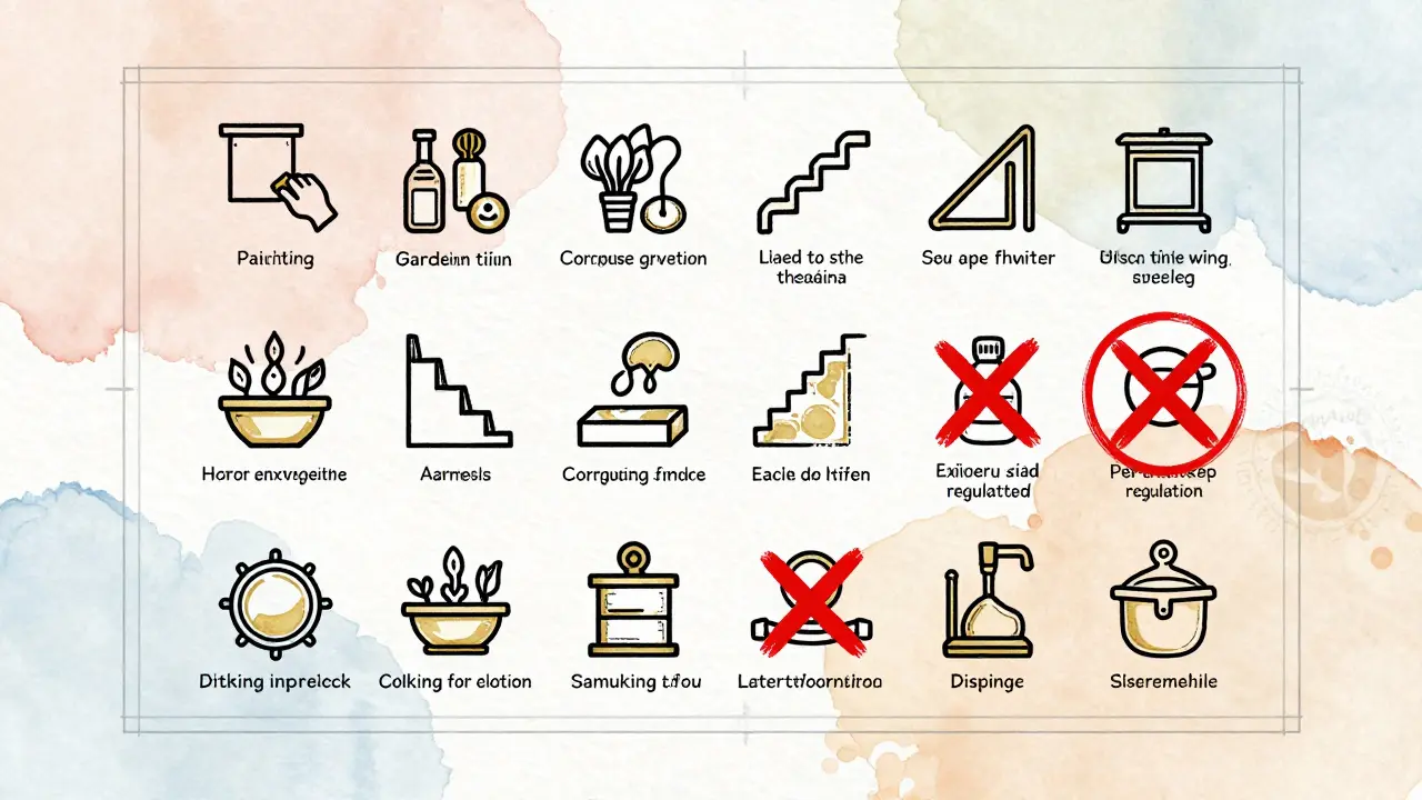 Ein Blueprint zeigt erlaubte und verbotene Eigenleistungen beim Hausbau mit symbolischen Piktogrammen.