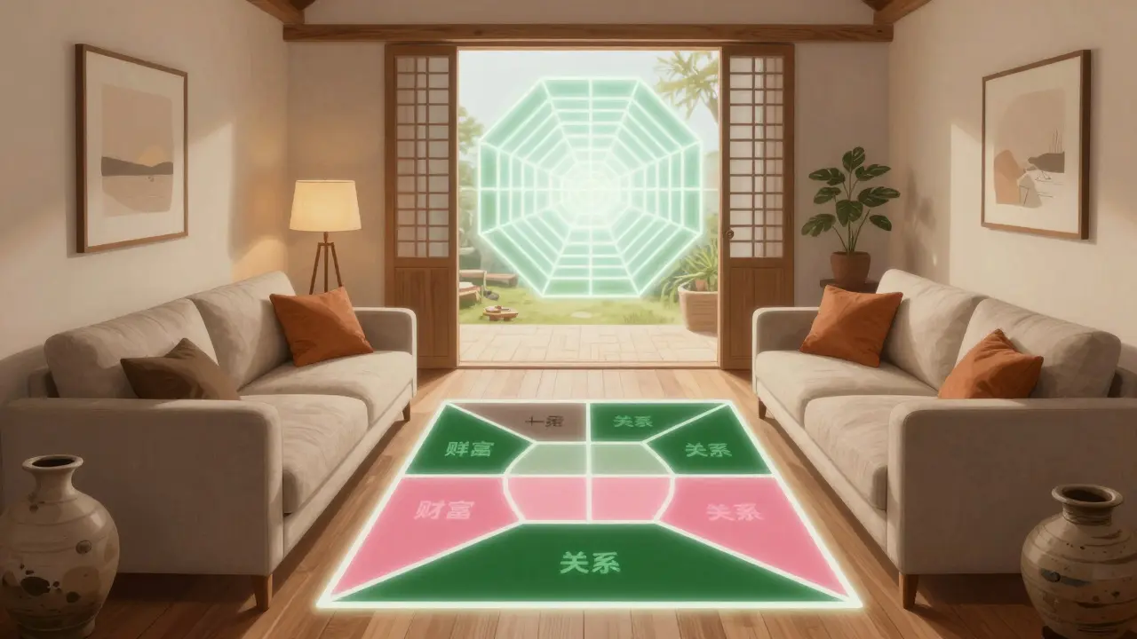 Ein Feng Shui Wohnzimmer mit Bagua-Raster, U-förmigem Sofa und warmen Farbakzenten, das Harmonie und ausgewogene Energie zeigt.