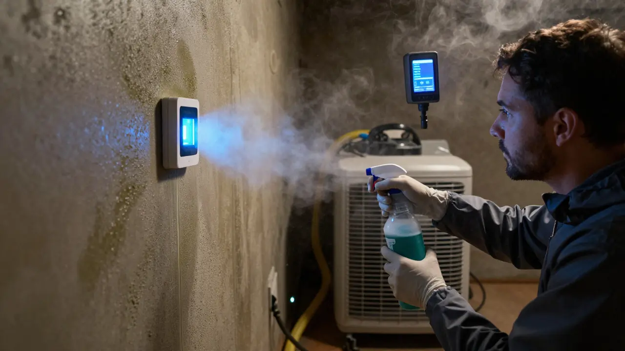 Ein Hausbesitzer behandelt unsichtbaren Schimmel mit enzymatischem Reiniger, während ein Smart-Sensor warnt.