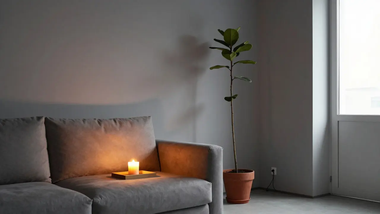 Ein modernes, aufgeräumtes Wohnzimmer mit zurückgezogenem Sofa, Kerzenlicht und einer Pflanze – ein Bild von Klarheit und beruhigender Energie.