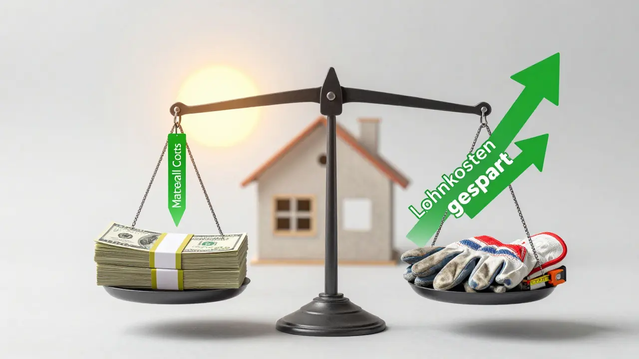 Eine Waage vergleicht Materialkosten mit eingesparten Lohnkosten, Werkzeuge heben die Waage an.