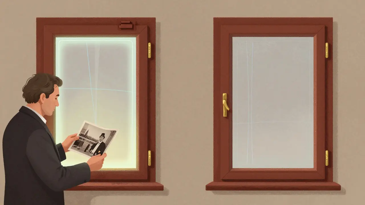 Experte vergleicht historisches Fenster mit modernem, energieeffizientem Nachbau mit identischem Profil und Farbe.