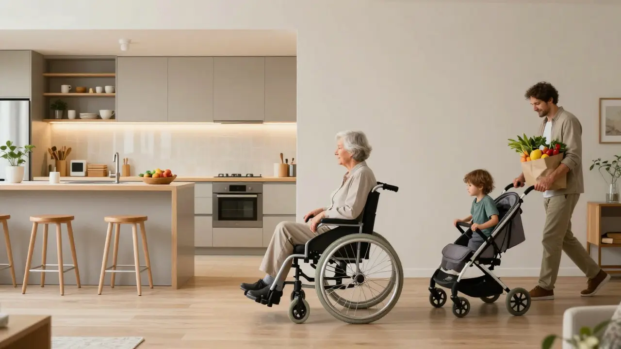 Familie in einem offenen Wohnbereich: Rollstuhl, Kinderwagen und Einkäufe bewegen sich frei durch Raum mit kontrastreichen Oberflächen und niedrigen Küchenarbeitsplatten.