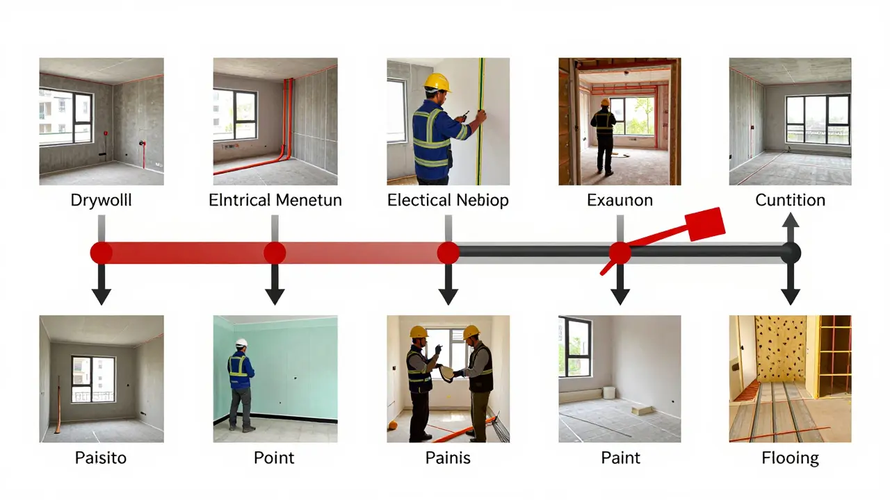 Farbige Abhängigkeitskarte verschiedener Gewerke bei Innenausbau mit Warnhinweis auf Kabel-Heizungs-Kollision.