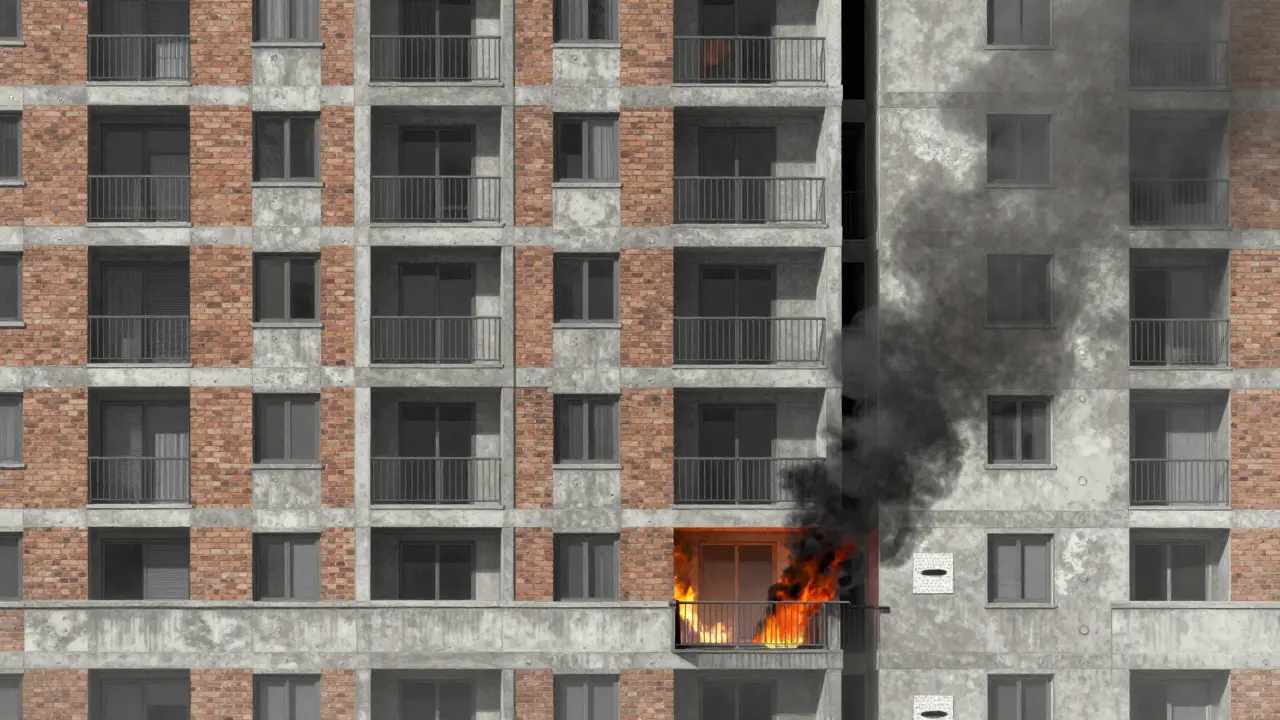 Hochhaus mit nichtbrennbaren Fassadenmaterialien und horizontalen Brandschutzbarrieren zwischen den Geschossen.