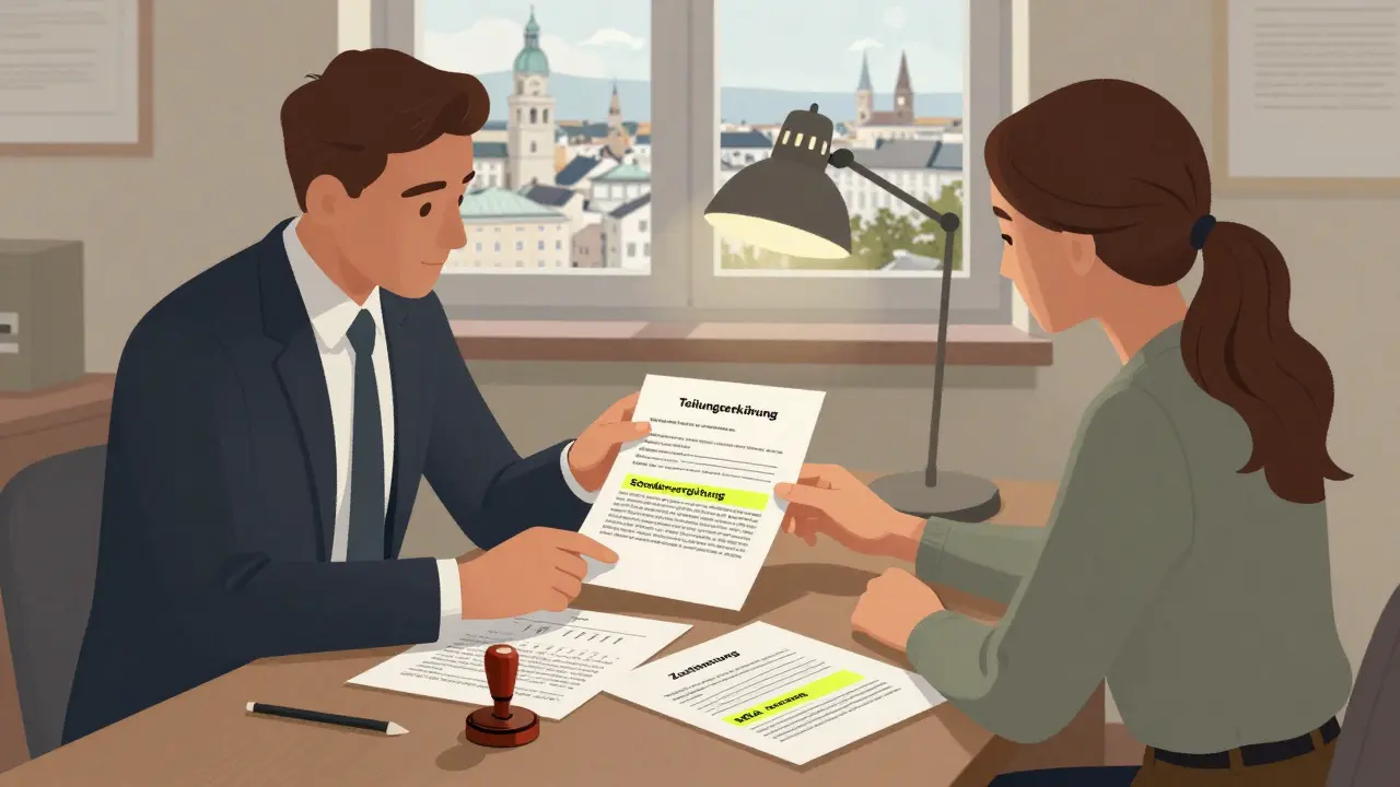 Immobilienverwalter und Verkäufer besprechen die Zustimmung zur Eigentumsübertragung anhand der Teilungserklärung.