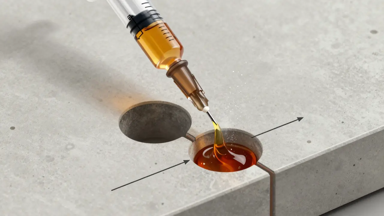 Injektion von Harz in Fliese durch Bohrlöcher in den Fugen.