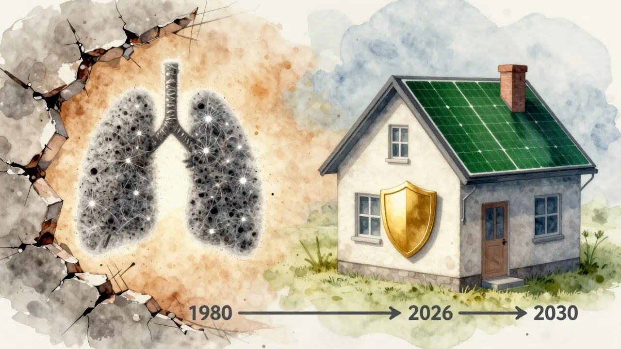 Konzeptuelles Bild: Vergleich zwischen gefährlichem Asbest und sicherer Sanierung über Zeit.