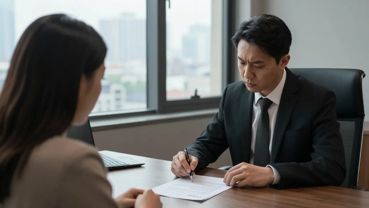 Notar und Verkäufer im Büro, Vertrag vor ihnen, der Notar zeigt auf einen Passus, während der Verkäufer besorgt wirkt.