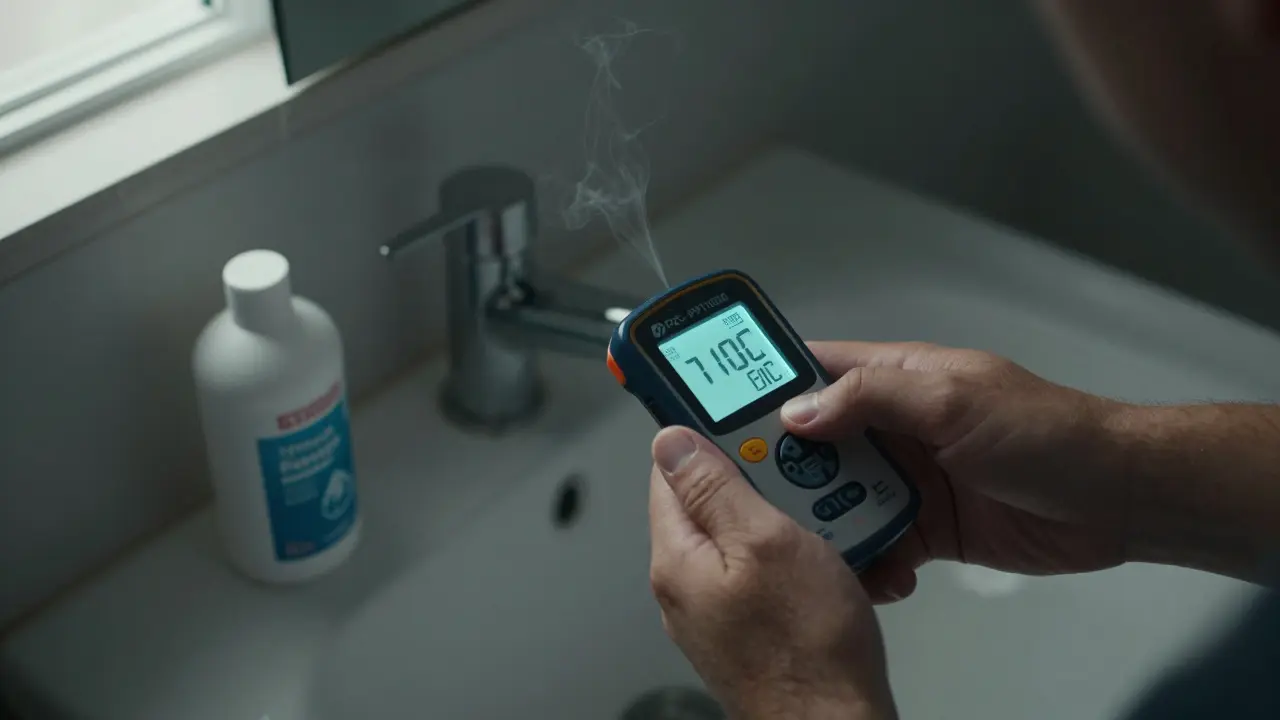 Person misst mit einem PID-Detektor die Luftqualität in einem Badezimmer, trockener Abfluss und Schwefelwasserstoff-Dunst sind sichtbar.