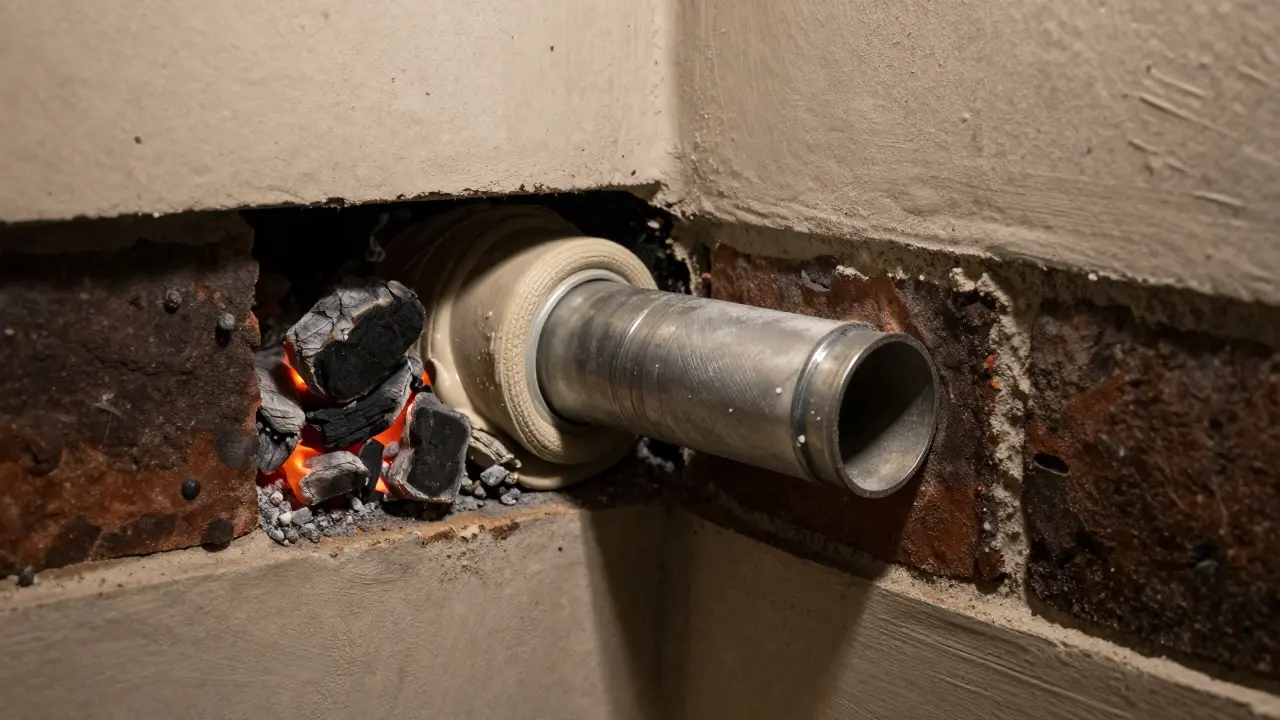 Querschnitt einer brandschutzgerechten Durchführung durch eine Brandwand mit feuerhemmender Abdichtung.