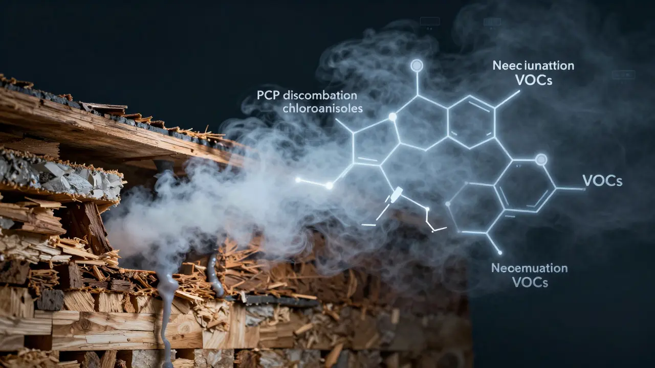 Querschnitt eines Hauses mit versteckten Schadstoffquellen: altes PCP-haltiges Holz, Feuchtigkeit und VOCs, die als dunstige Wolke emittieren.