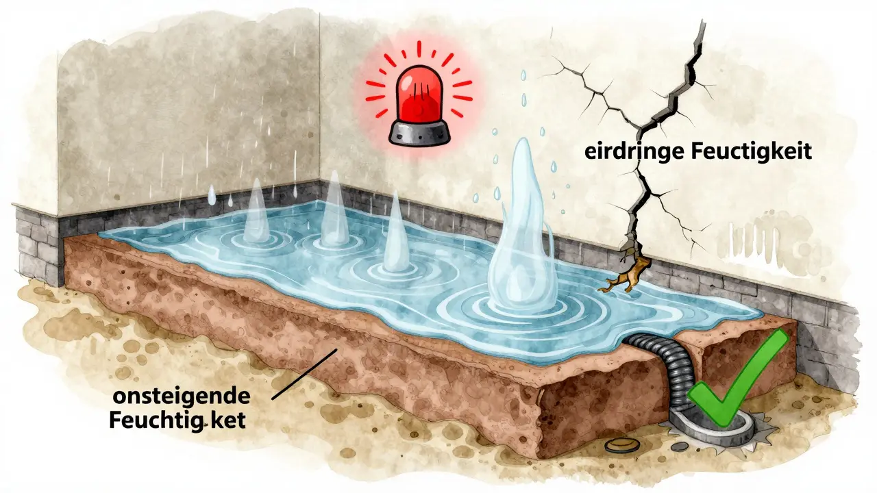 Querschnitt eines Kellers mit Feuchtigkeitsquellen: aufsteigende, eindringende und Kondensationsfeuchtigkeit.
