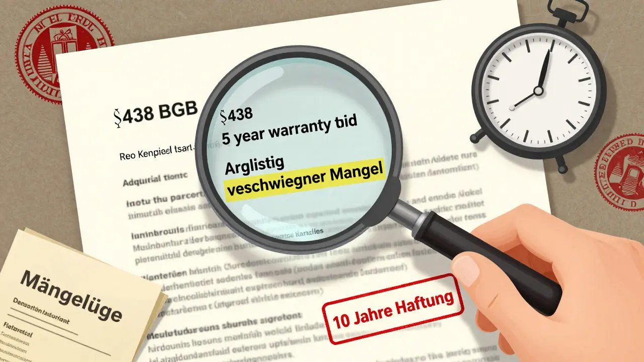 Rechtlicher Dokumenten-Entwurf mit hervorgehobenen Fristen und Mängelrüge-Beweisen für Immobilienkauf.