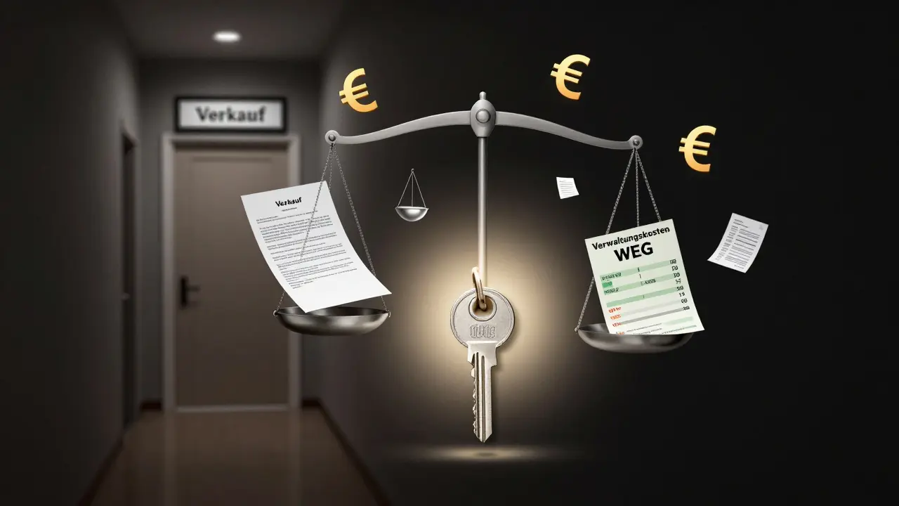 Schlüssel dreht sich in einem Schloss, während WEG-Kosten und Verkaufsdokumente im Gleichgewicht stehen.