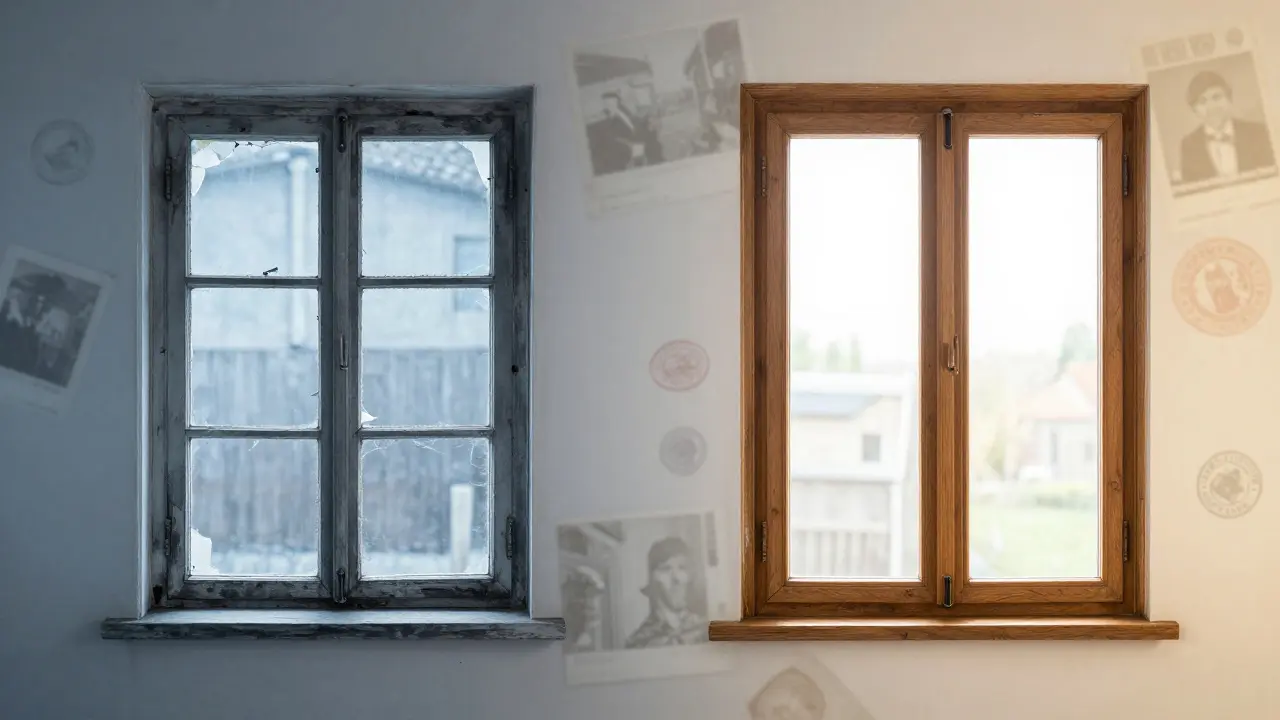 Split-Bild: links altes, undichtes Fenster, rechts modernes, unsichtbar isoliertes Denkmalschutzfenster.