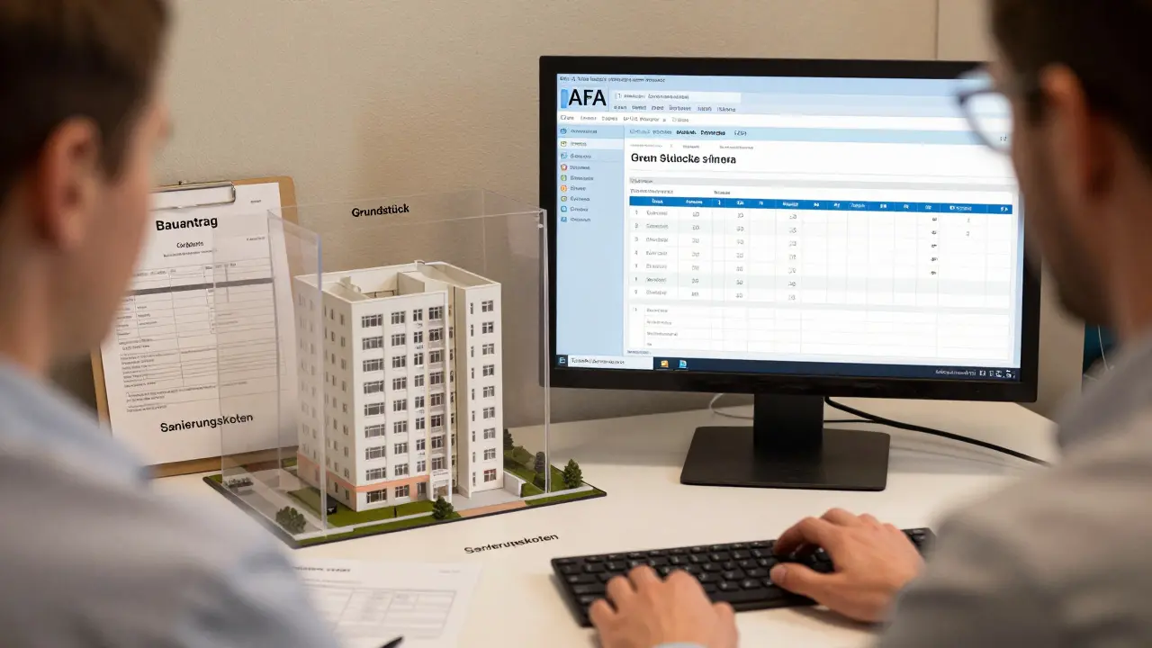 Steuerberater verwendet den offiziellen AfA-Rechner mit Dokumenten und Gebäudeaufteilung.