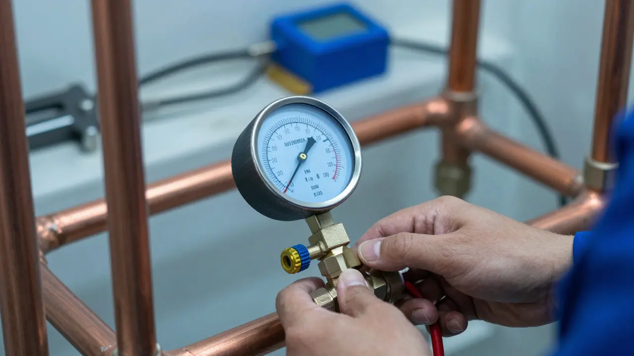 Techniker führt Druckprüfung an Wasserleitungen durch.