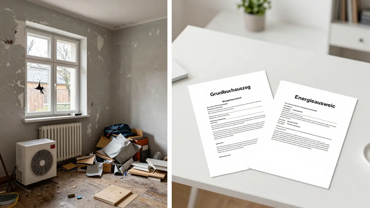 Vergleich: links ein renovierungsbedürftiges Haus, rechts geordnete Dokumente für einen sicheren Verkauf.