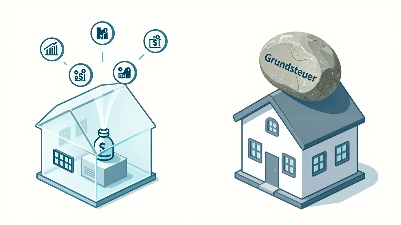 Vergleich zweier Häuser: Eines mit steuerlichen Abzügen, das andere mit ungedeckten Kosten und Grundsteuer.