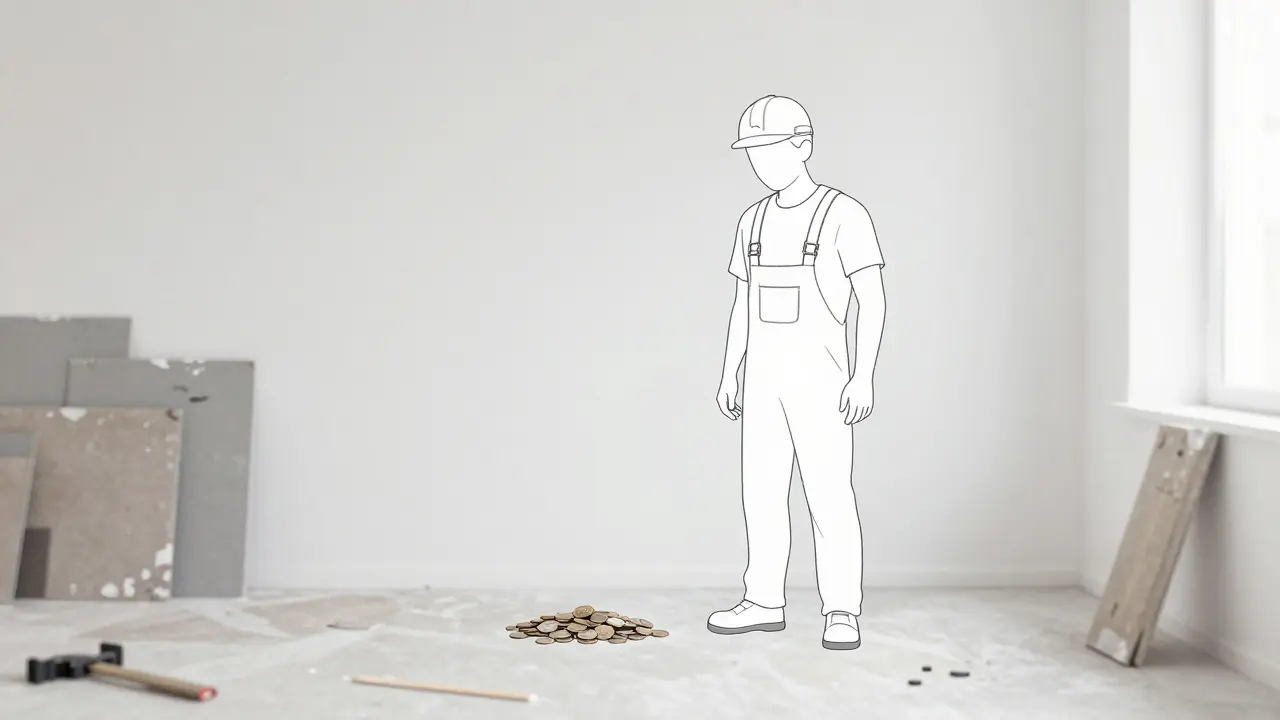 Verzweifelter Hausbesitzer mit wenigen Münzen neben Baustellenmaterialien