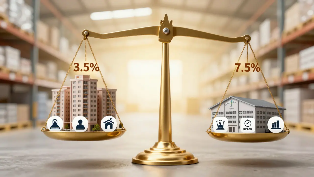 Waage: Wohnimmobilie mit hohen Kosten vs. Gewerbeobjekt mit hoher Rendite und geringen Betriebskosten.