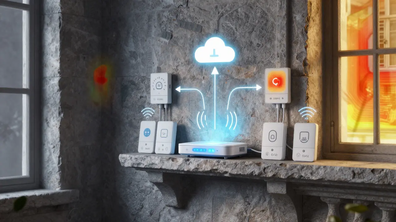 Wireless sensors and signal waves penetrating thick masonry walls, connected to a central smart home hub with soft glowing light.