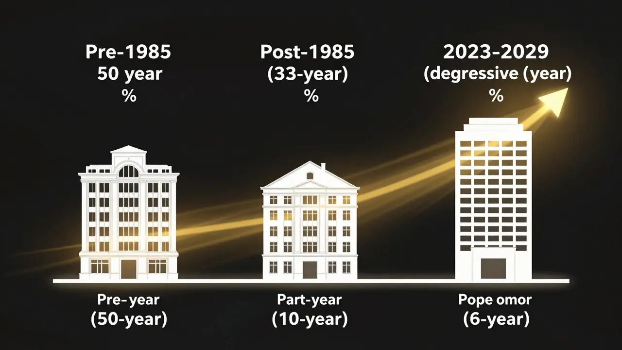 Zeitachse mit drei Abschreibungsmodellen für Gewerbeimmobilien: 50, 33 und 6 Jahre.