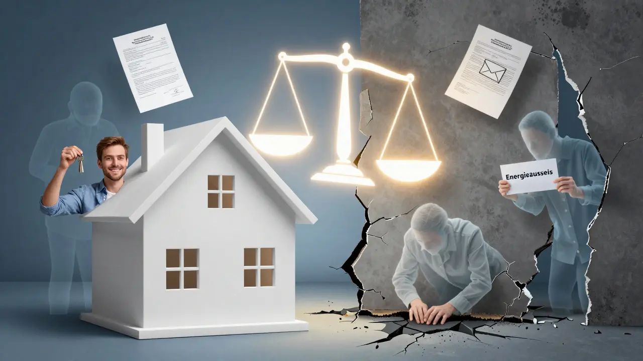 Zerbrochenes Haus mit versteckten Mängeln und Beweisen, die Gerechtigkeit zugunsten des Käufers wiegen.