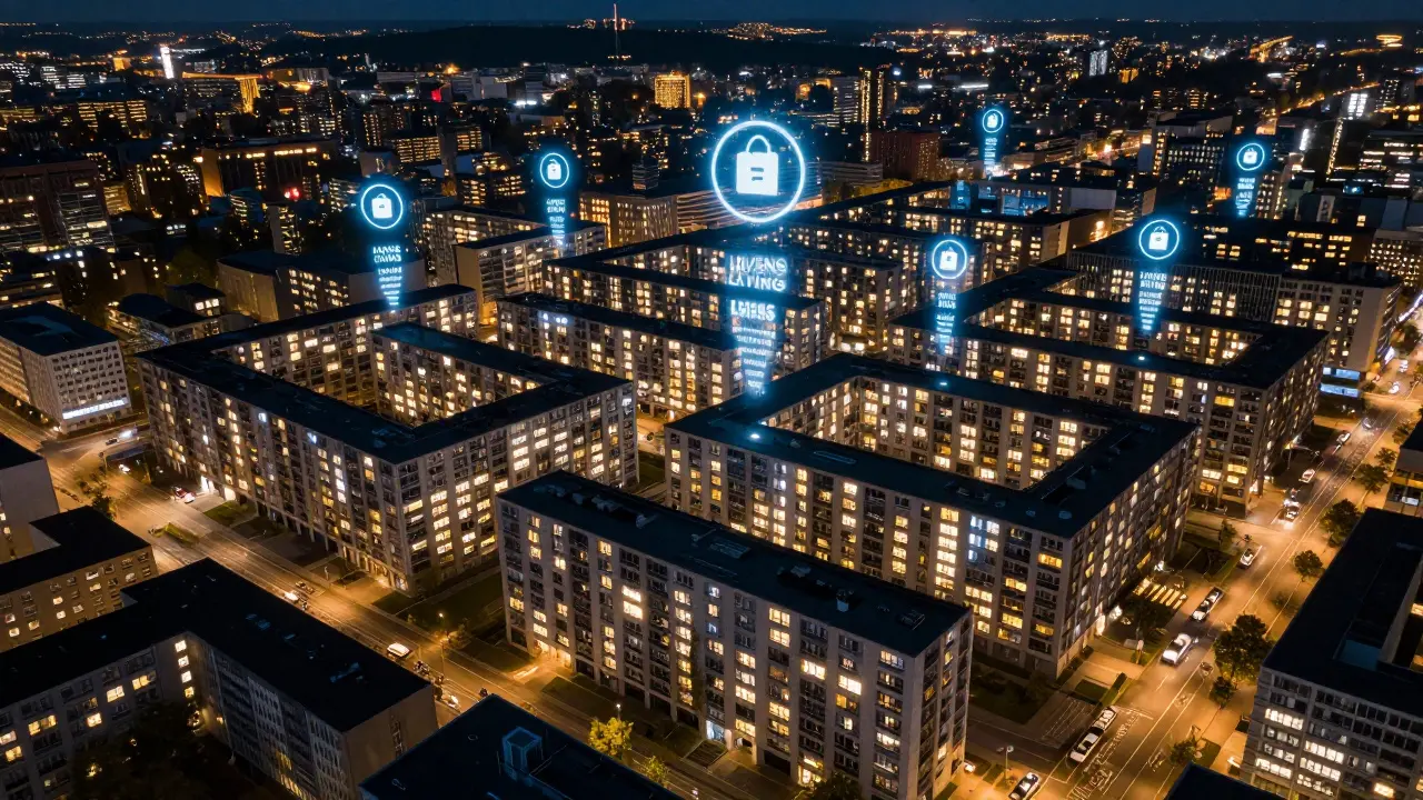 Aerial night view of a university city with glowing micro-apartments and digital rental icons.