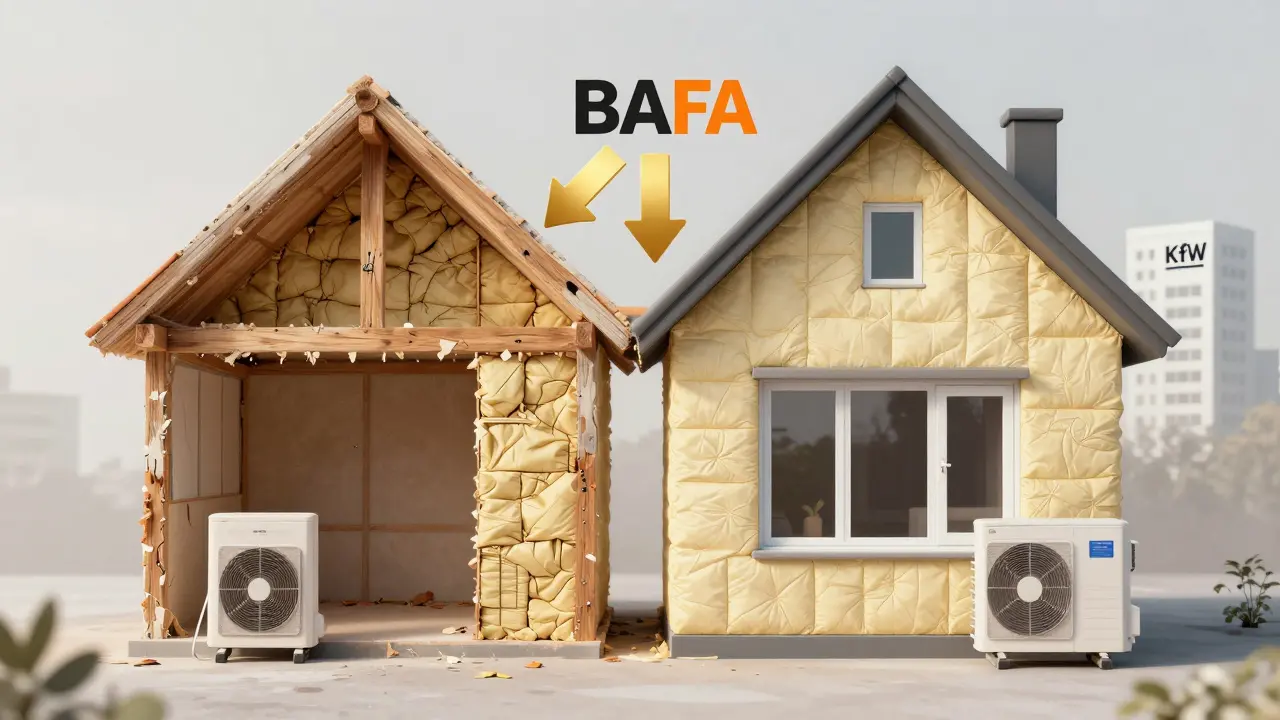 Altes Haus wird energieeffizient saniert mit Förderung durch BAFA und KfW.