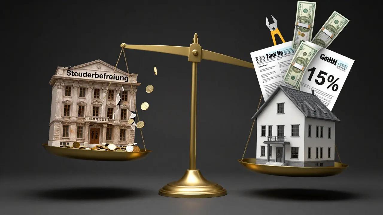 Balance scale contrasting tax exemption losses with VAT opt-in gains for commercial real estate.