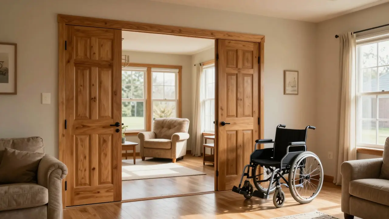 Barrierefreies Wohnzimmer mit breiten Türen und Rollstuhlplatz bei hellem Tageslicht.
