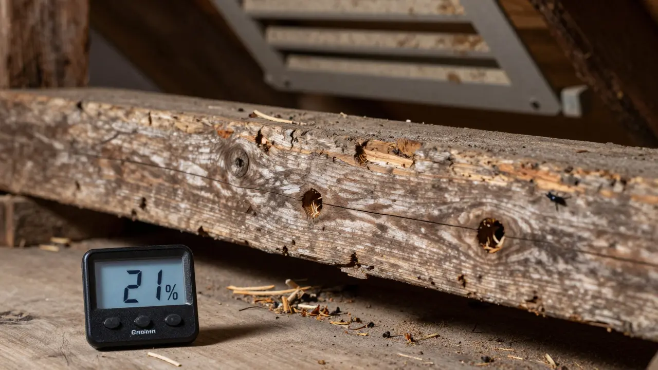 Befallener Holzbalken mit Insektenlöchern und Frassmehl, Feuchtigkeitsmessgerät zeigt hohe Werte.