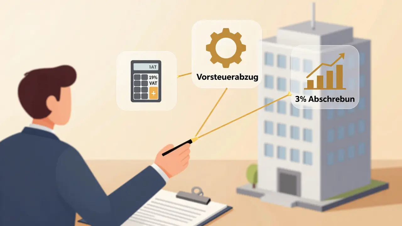 Business tenant signing lease with visual indicators of VAT recovery and enhanced depreciation benefits.
