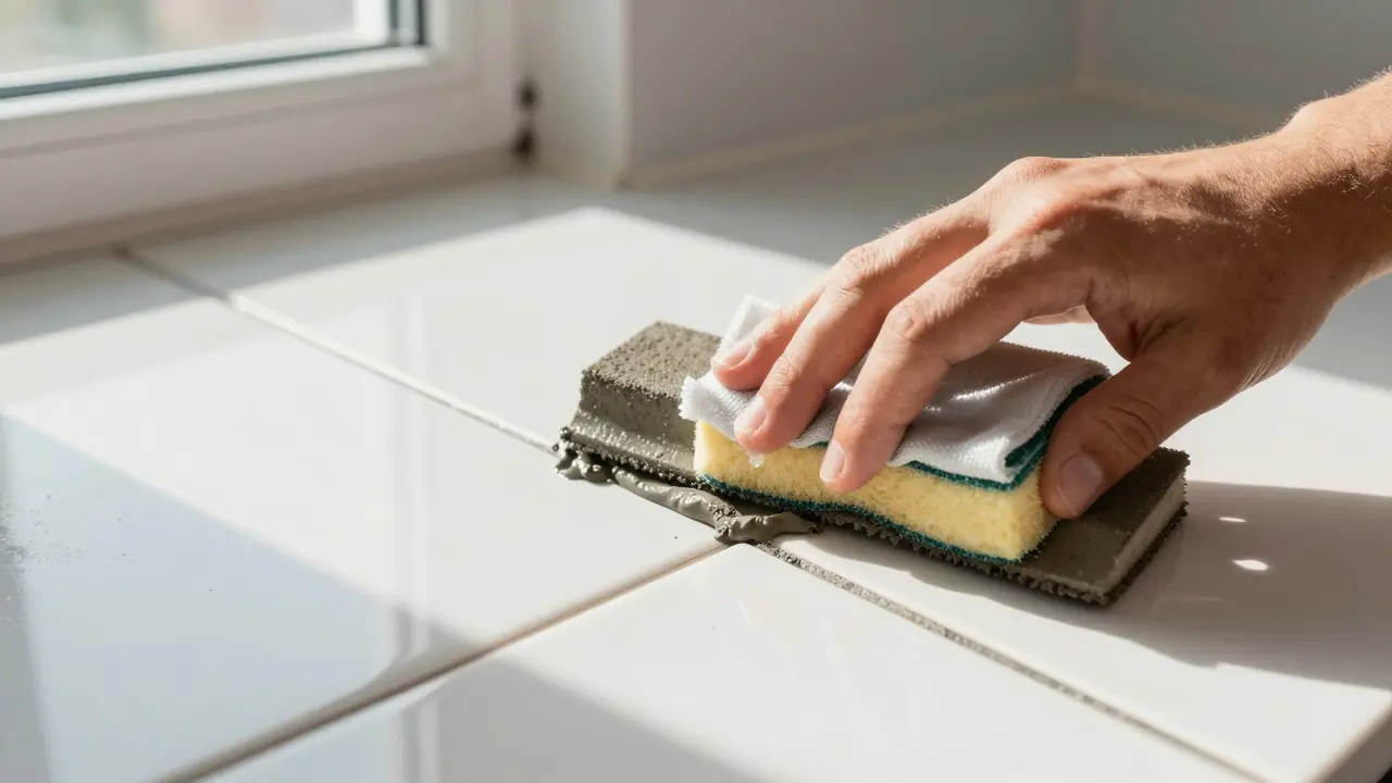 Craftsman using a rubber float to apply grout diagonally between tiles.