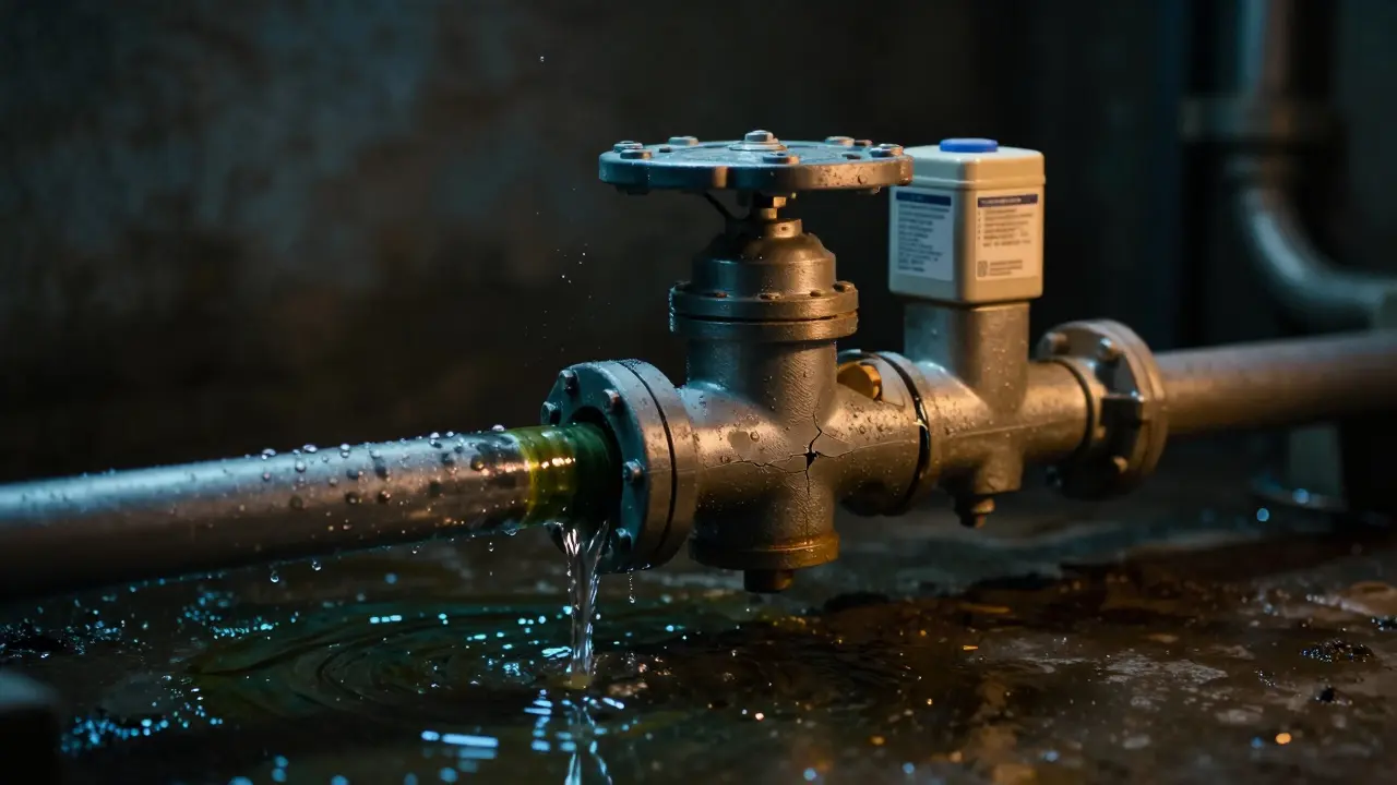 Defekter Rückflussverhinderer leakt verschmutztes Wasser, daneben ein funktionierendes Gerät.