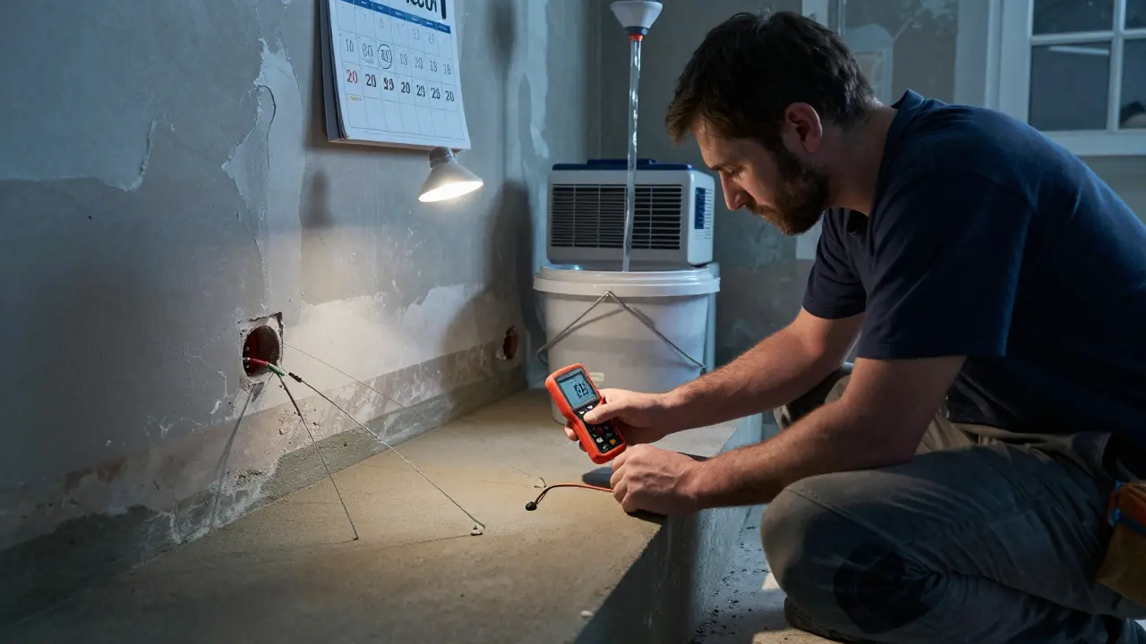 Ein Bauexperte misst die Feuchtigkeit in einem Estrich mit Elektroden, während ein Trockner Wasser abführt.