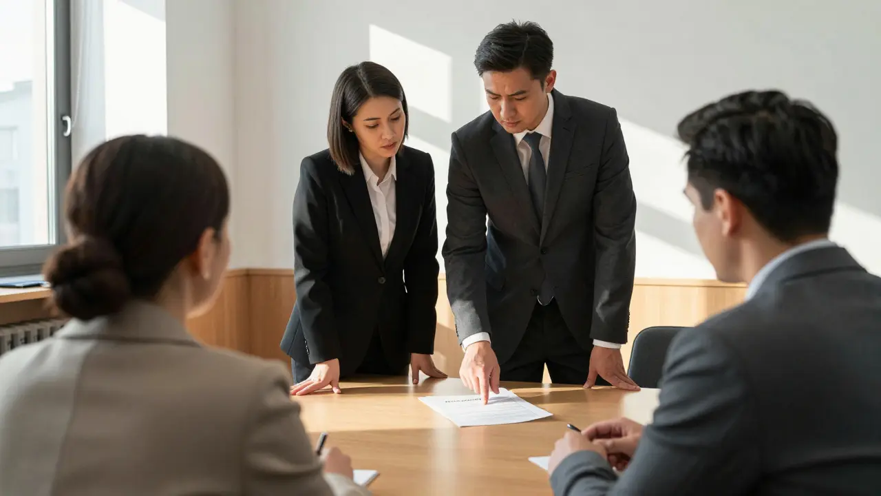 Ein Gerichtsverfahren zur Mieterhöhung: Vermieter, Mieter und Anwälte diskutieren vor einem Richter mit einem Mietspiegel als Beweis.