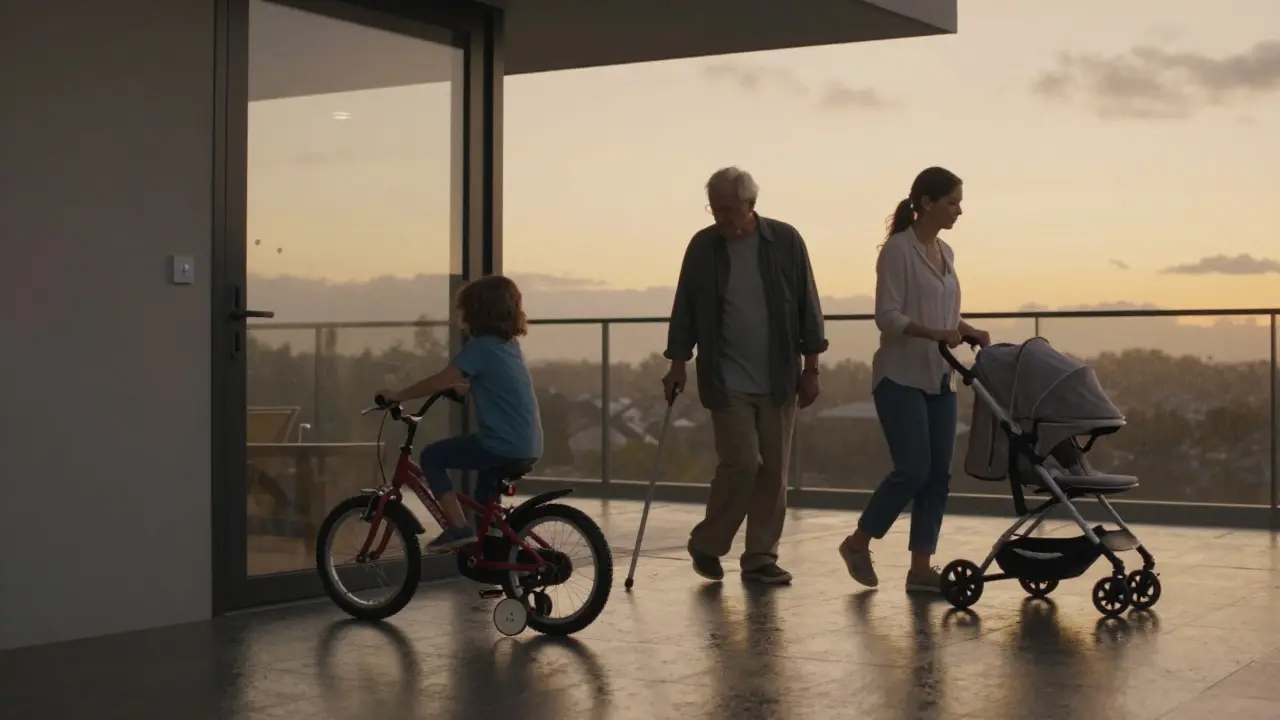 Eine Familie nutzt nahtlos Balkon und Terrasse: Kind, Senior und Kinderwagen ohne Hindernis.