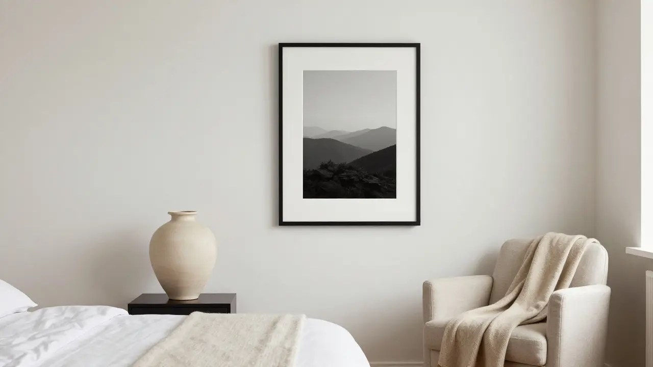 Eine Schlafzimmerecke mit einer großen Vase, einem einzelnen Bild auf Augenhöhe und einem gefalteten Decke — ohne Überladung.